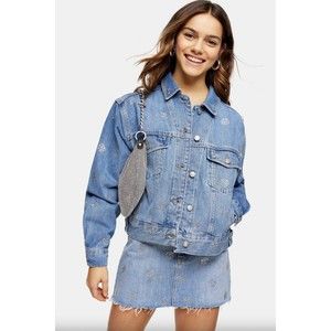 Topshop Moto Womens Diamante Embellished Polka Dot Denim Jean mini Skirt Sz Us6